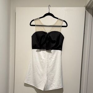 Black and White Bow Front Romper with Sheer Yoke